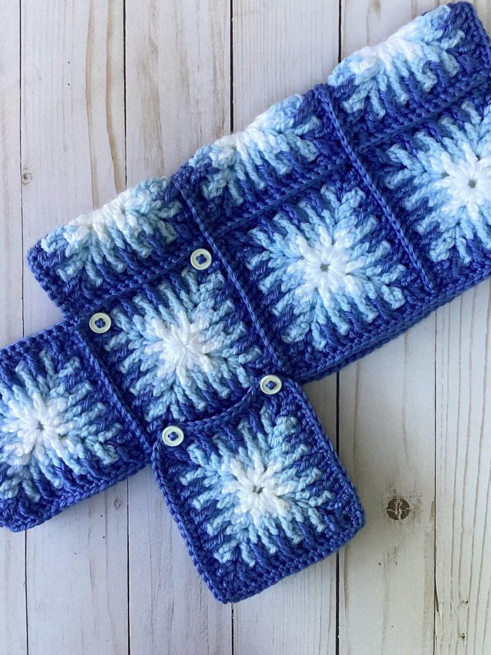 Handmade Crocheted Dog Coat with Blue Snowflakes (Size Small/Medium)